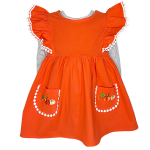 Girls Orange Fall Dress Pockets Long Sleeves Thanksgiving Party Dress-0