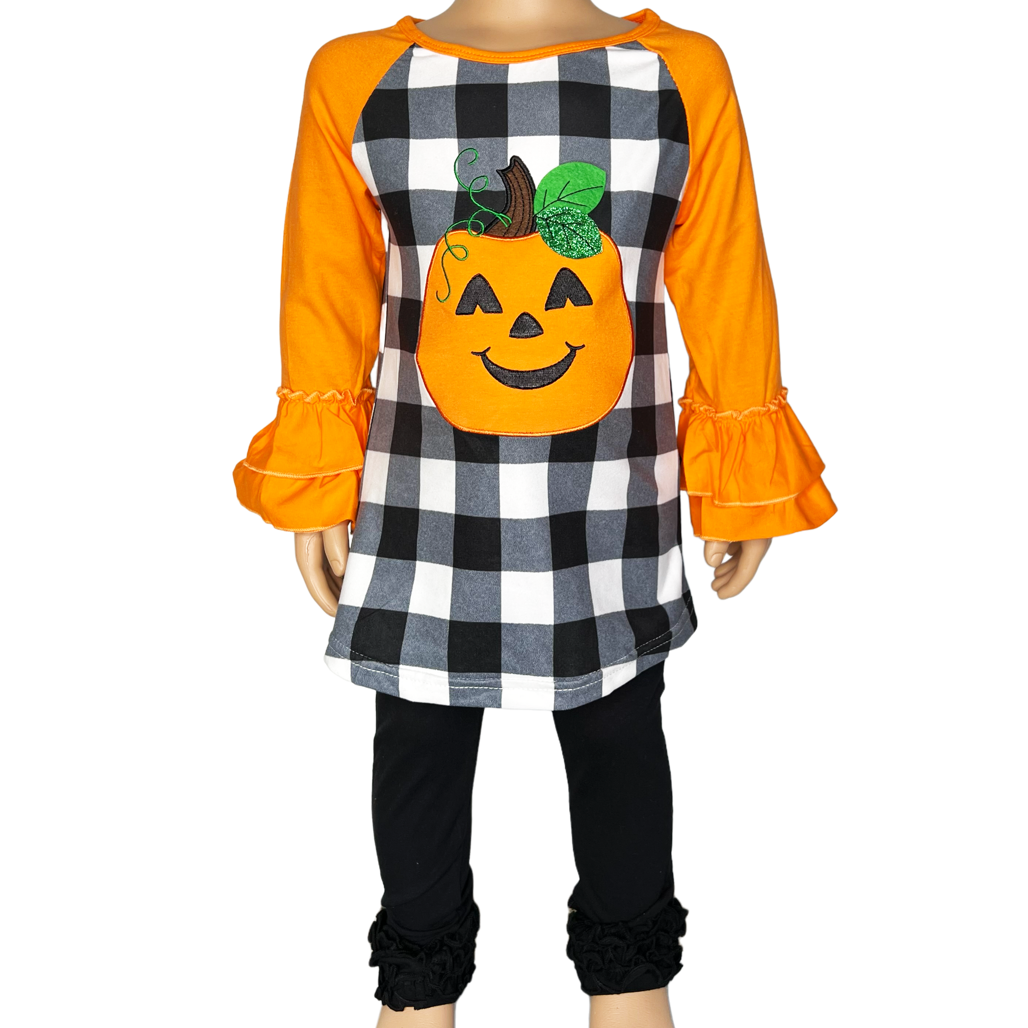 Girls Halloween Autumn Orange Pumpkin Jack O Lantern Top Ruffle Shirt-2
