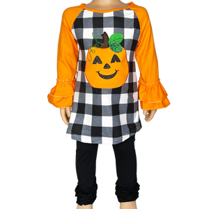 Girls Halloween Autumn Orange Pumpkin Jack O Lantern Top Ruffle Shirt-2