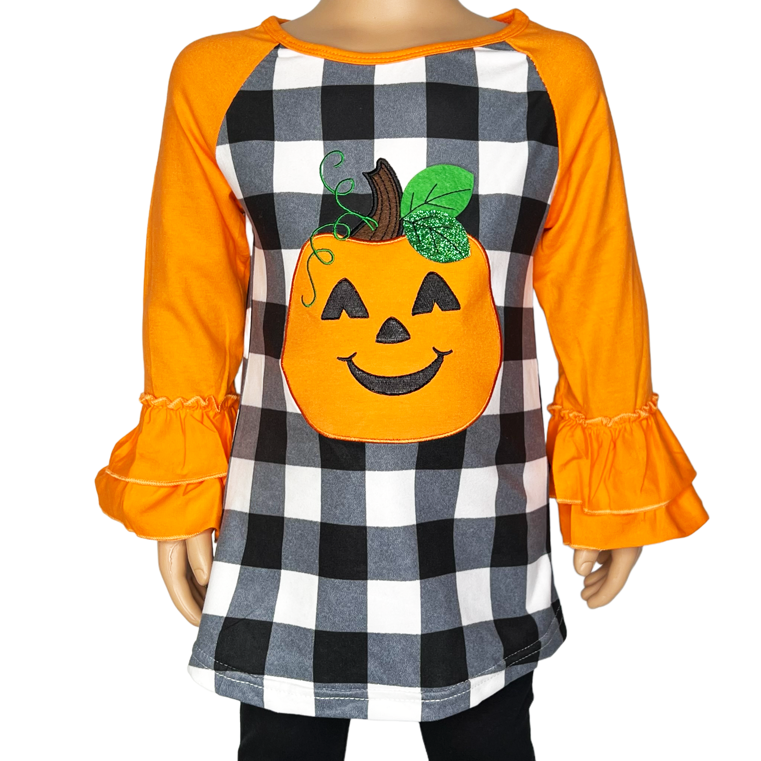 Girls Halloween Autumn Orange Pumpkin Jack O Lantern Top Ruffle Shirt-0