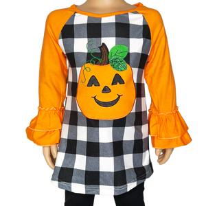 Girls Halloween Autumn Orange Pumpkin Jack O Lantern Top Ruffle Shirt-0