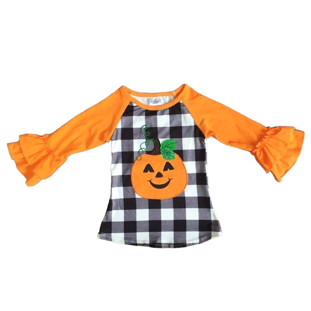 Girls Halloween Autumn Orange Pumpkin Jack O Lantern Top Ruffle Shirt-1