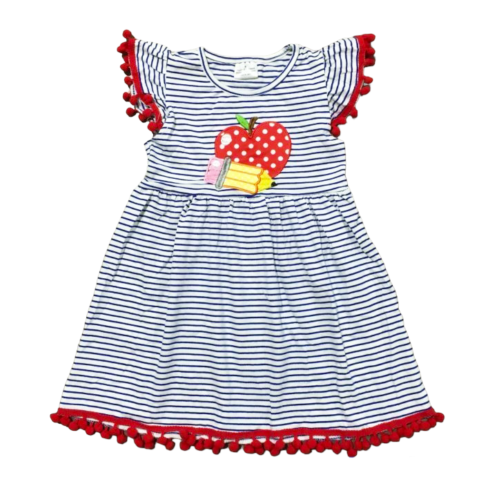 Girls Back to School Dress with Apple and Pencil applique-1