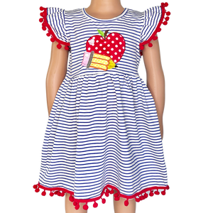 Girls Back to School Dress with Apple and Pencil applique-0