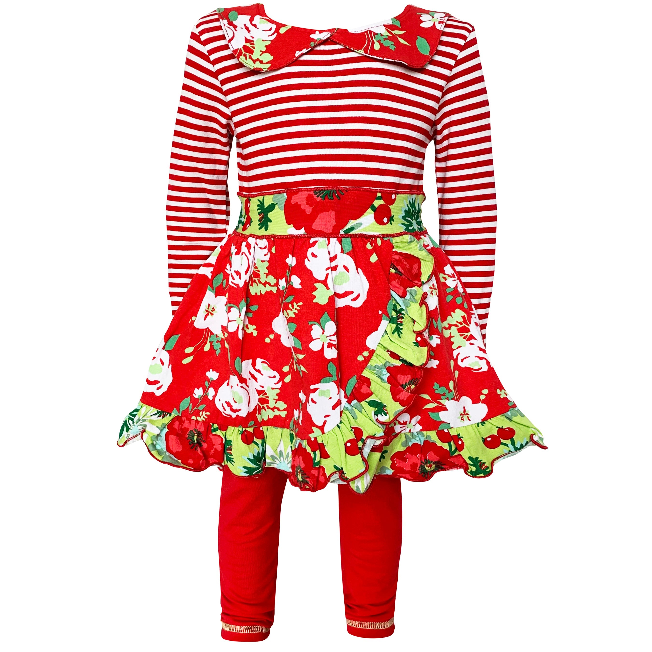 Little & Big Girls Boutique Red Christmas Floral Holiday Dress Legging Set