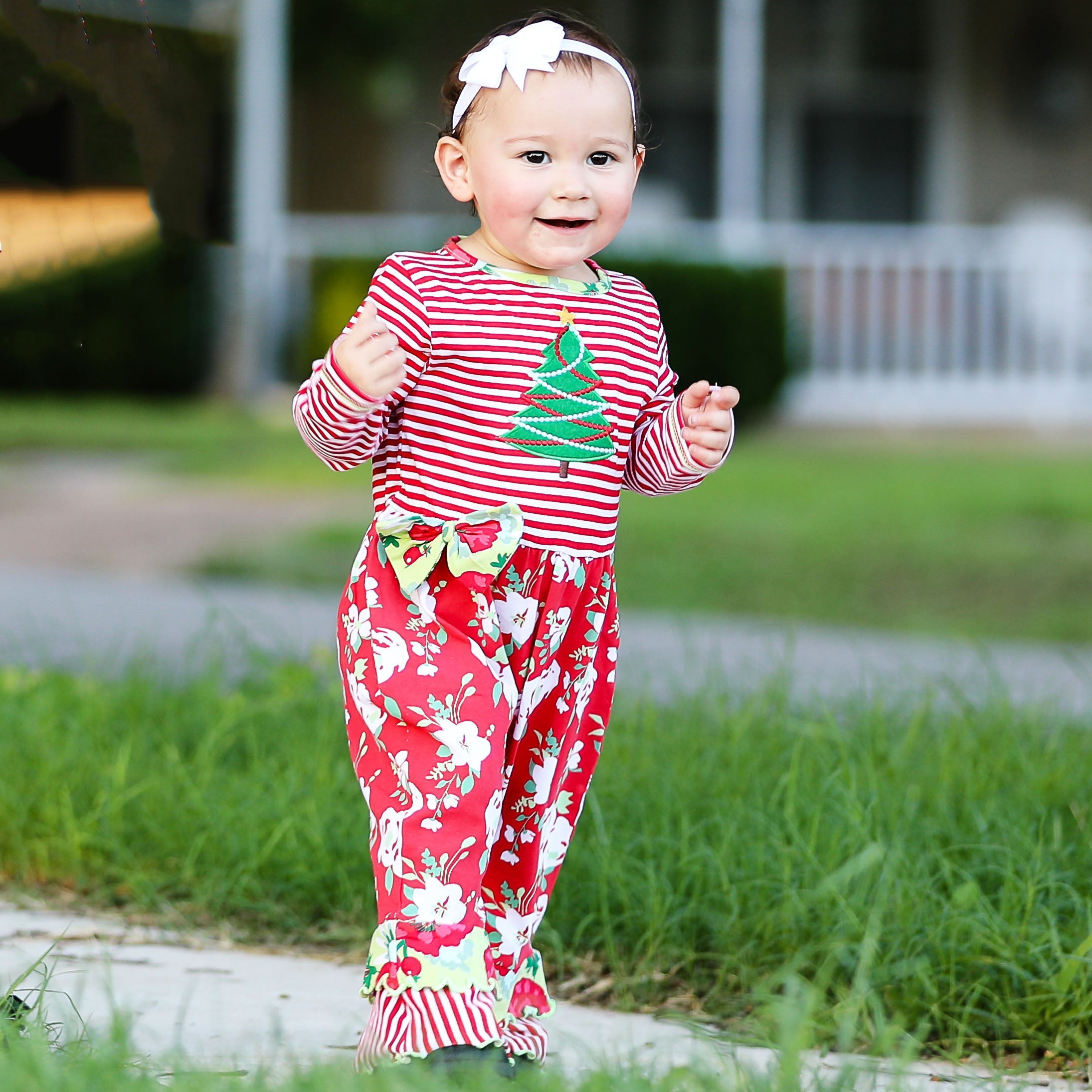 Baby Girls Merry Christmas Tree Holiday Floral Toddler Romper One Piece