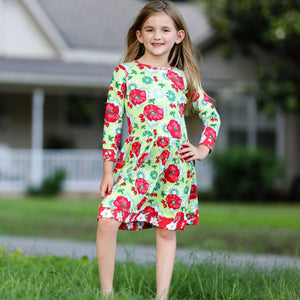 Girls Boutique Holiday Christmas Floral Cotton Winter Dress