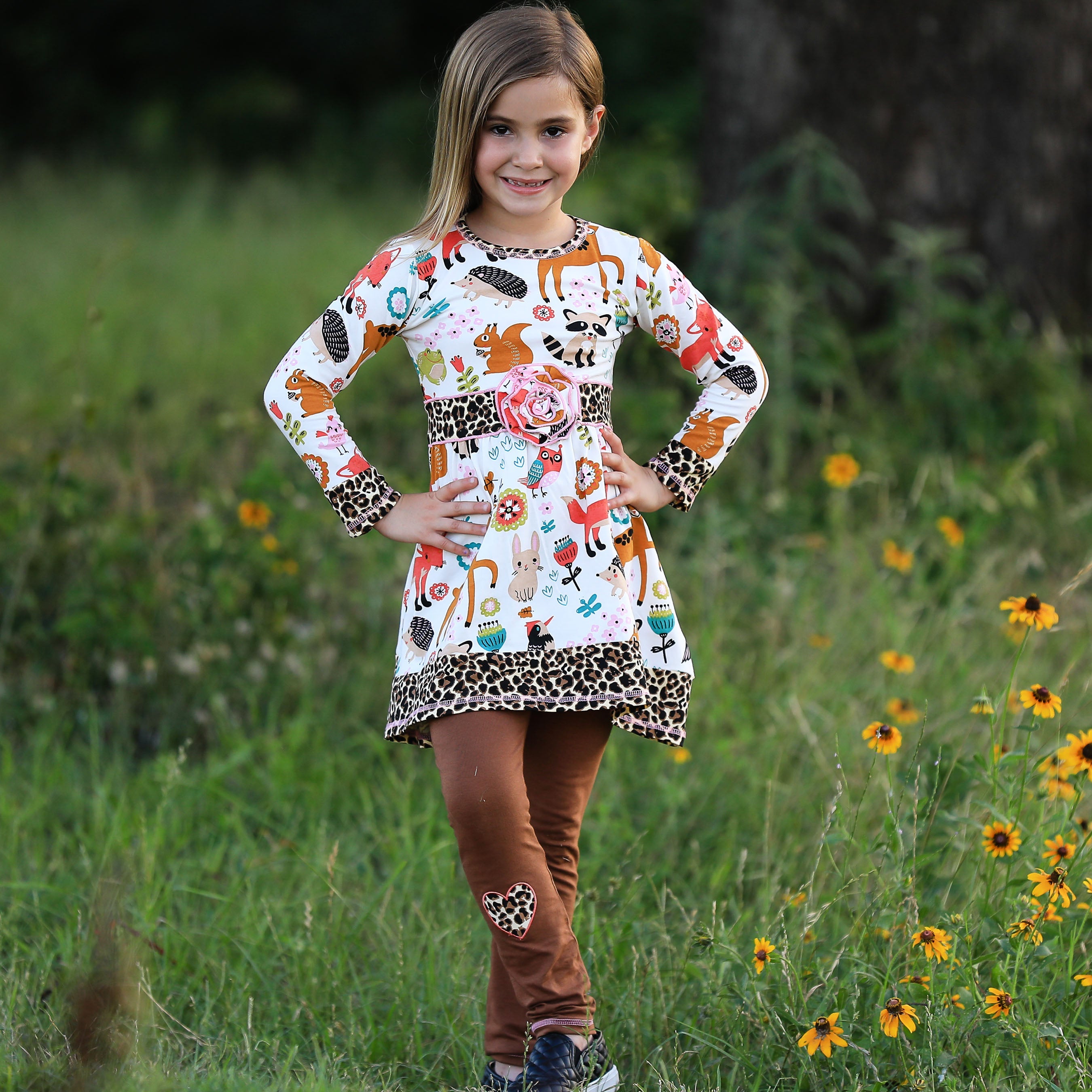 Big Little Girls Boutique Fall Forest Fox and Friends Dress & Leggings