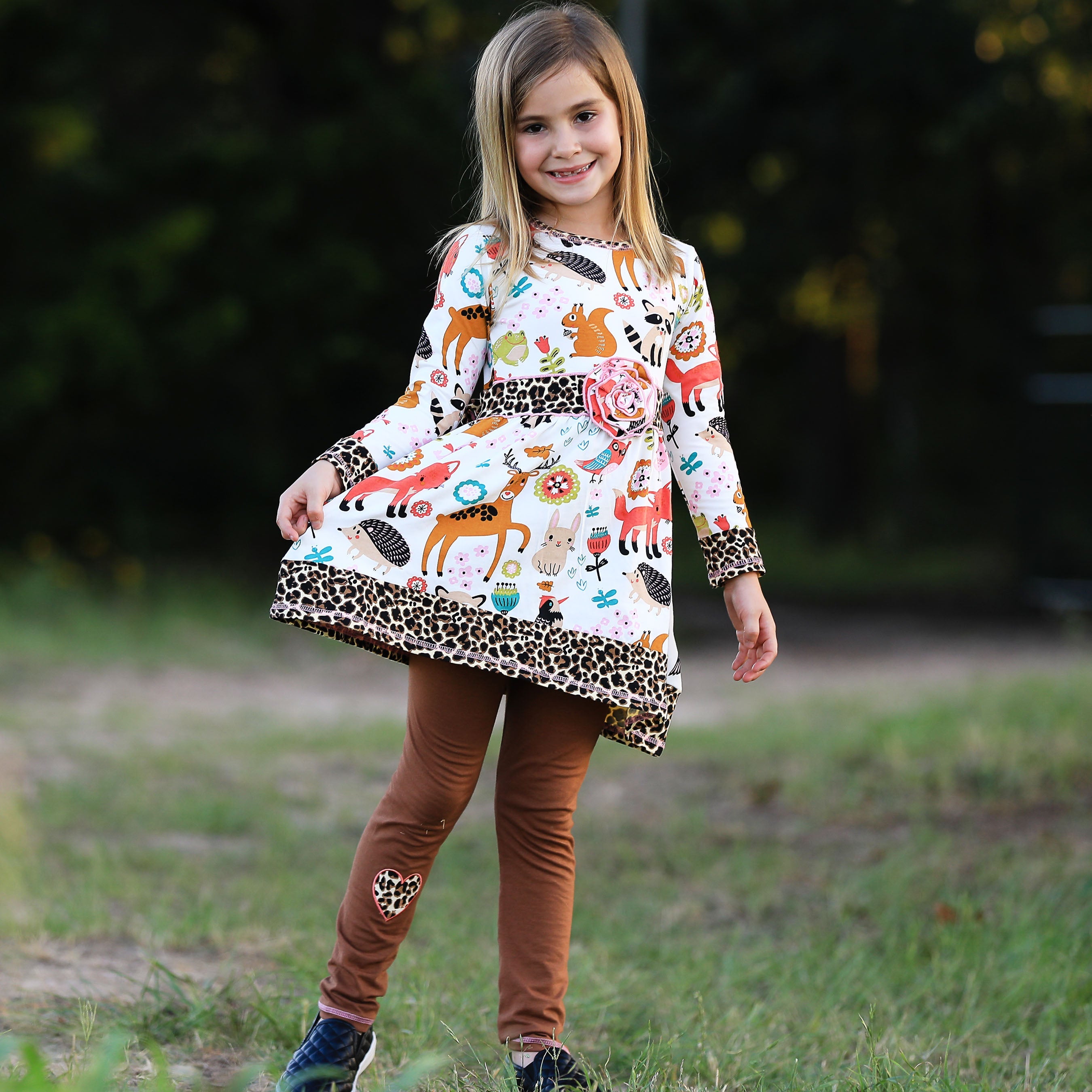 Big Little Girls Boutique Fall Forest Fox and Friends Dress & Leggings