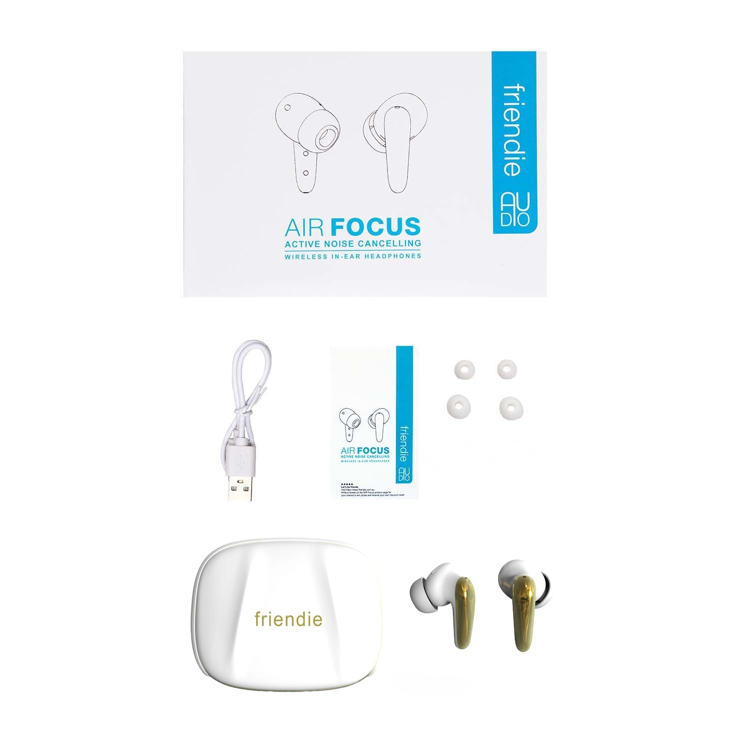 AIR Focus ANC Pearl White and Gold Active Noise Cancelling Earbuds (In Ear Wireless Headphones)