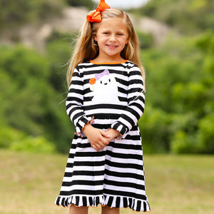 Girls Boutique Friendly Ghost Striped Halloween Cotton Dress