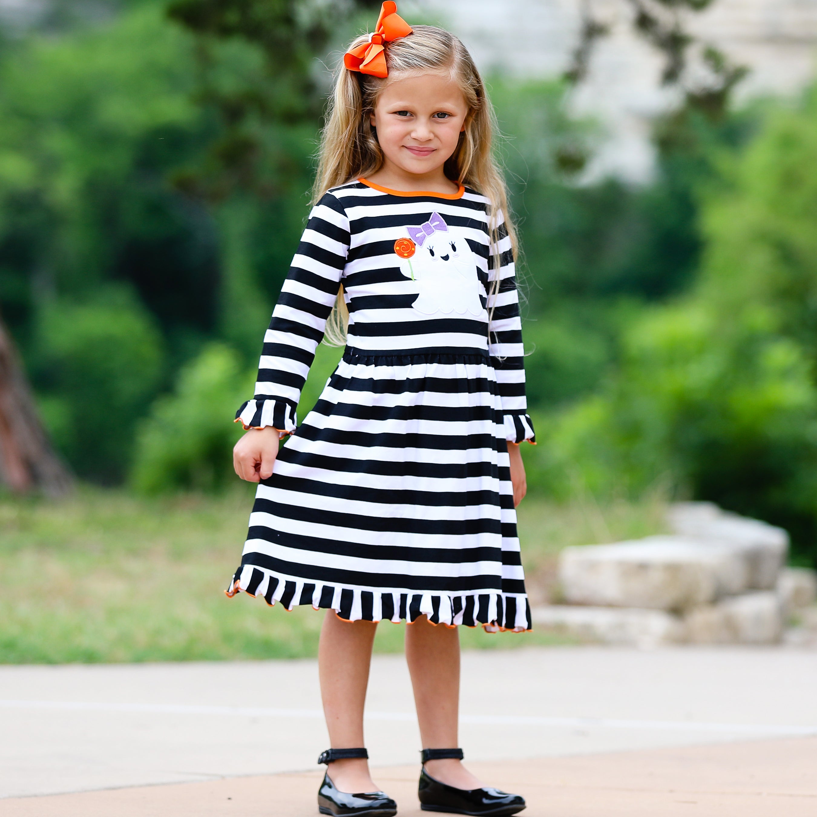 Girls Boutique Friendly Ghost Striped Halloween Cotton Dress