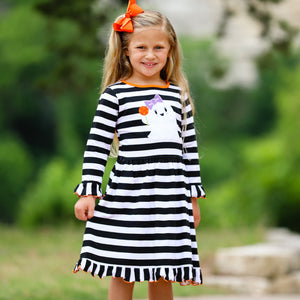 Girls Boutique Friendly Ghost Striped Halloween Cotton Dress