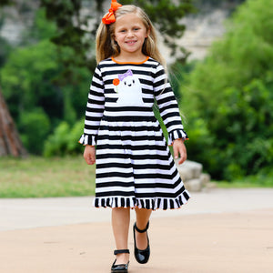 Girls Boutique Friendly Ghost Striped Halloween Cotton Dress