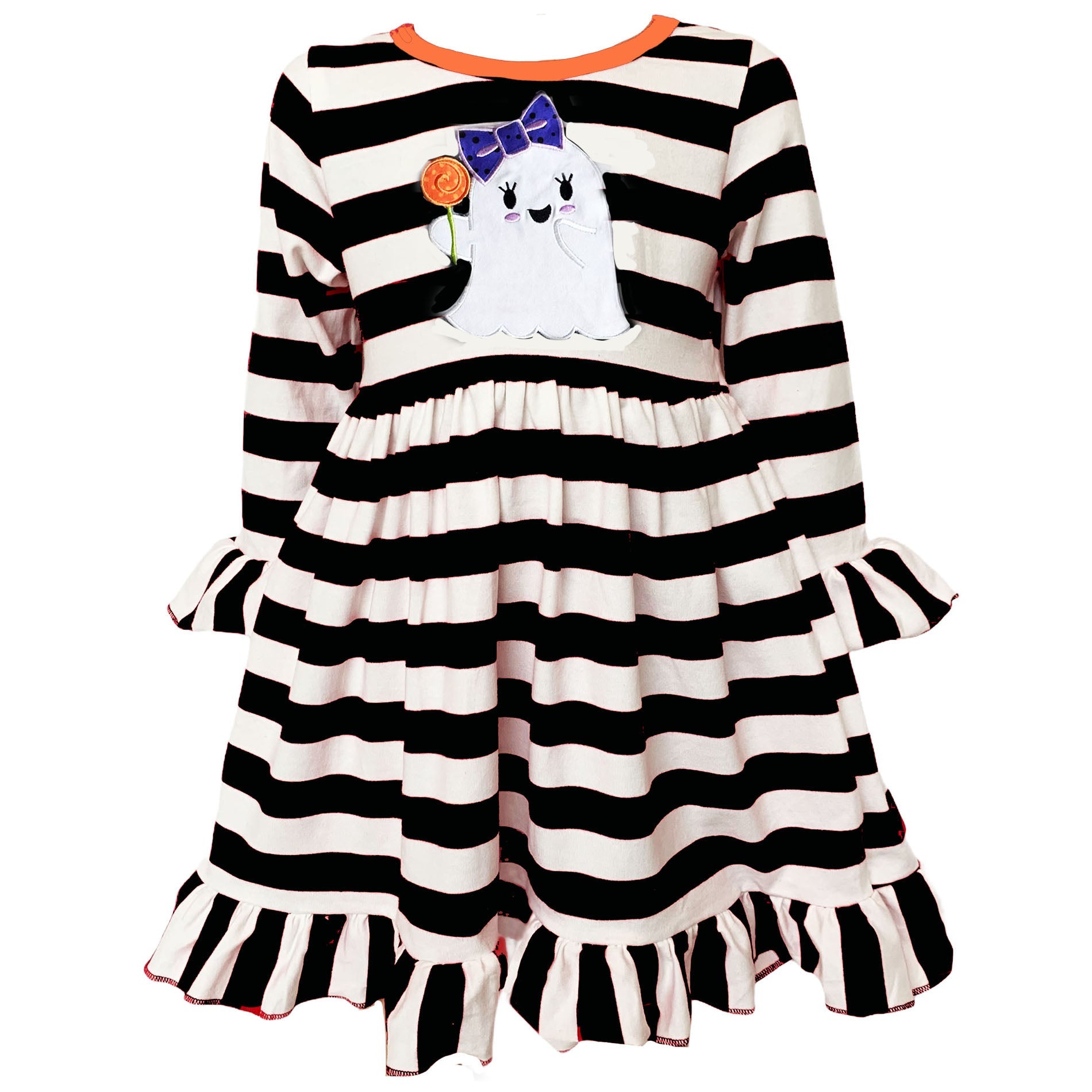 Girls Boutique Friendly Ghost Striped Halloween Cotton Dress