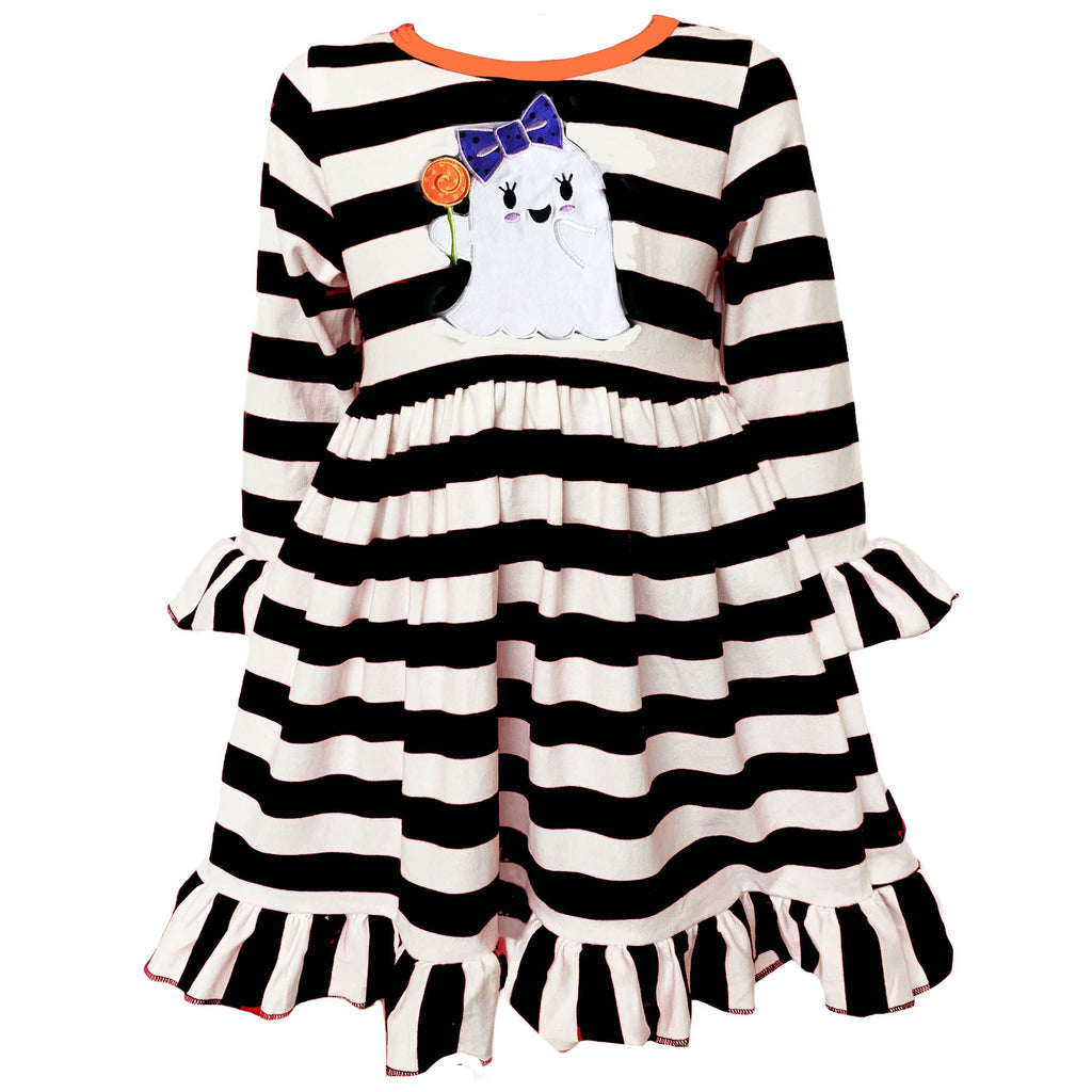 Girls Boutique Friendly Ghost Striped Halloween Cotton Dress - 99fab 