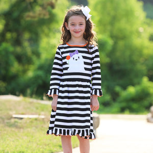 Girls Boutique Friendly Ghost Striped Halloween Cotton Dress