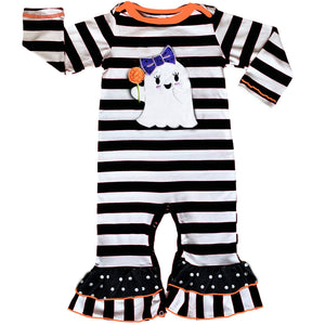 Baby Girls Friendly Ghost Halloween Striped Cotton Romper