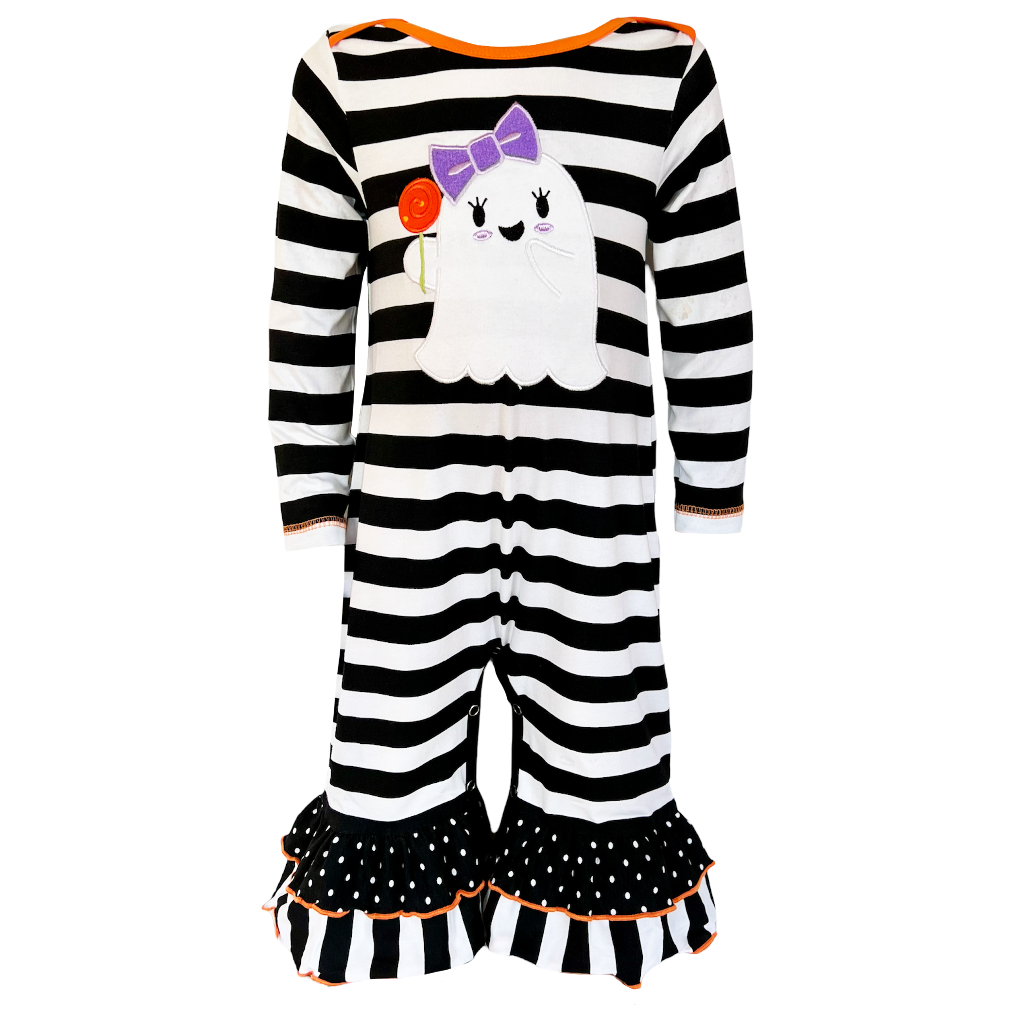 Baby Girls Friendly Ghost Halloween Striped Cotton Romper