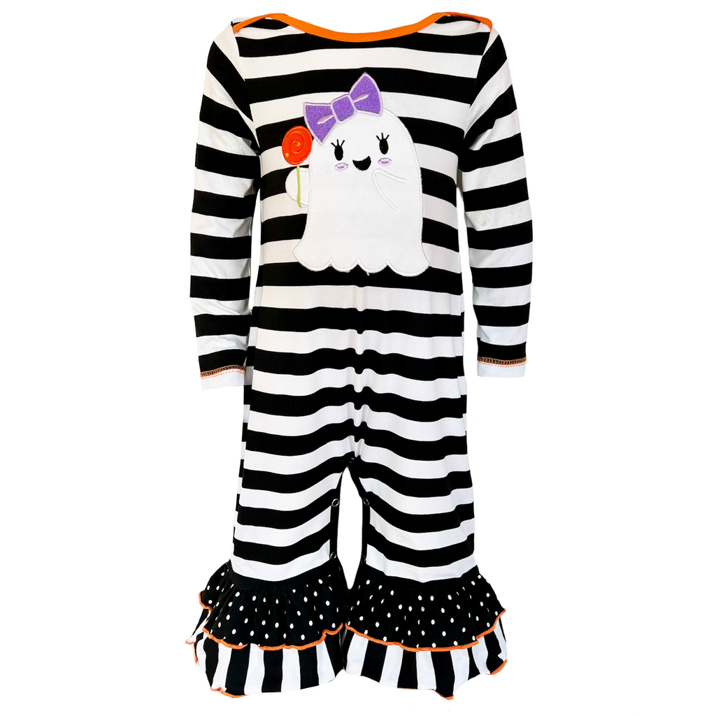 Baby Girls Friendly Ghost Halloween Striped Cotton Romper - 99fab 