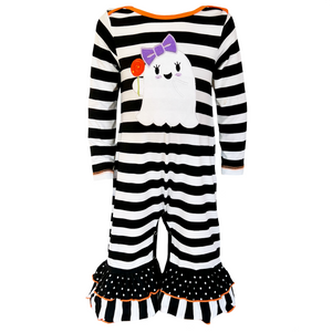 Baby Girls Friendly Ghost Halloween Striped Cotton Romper