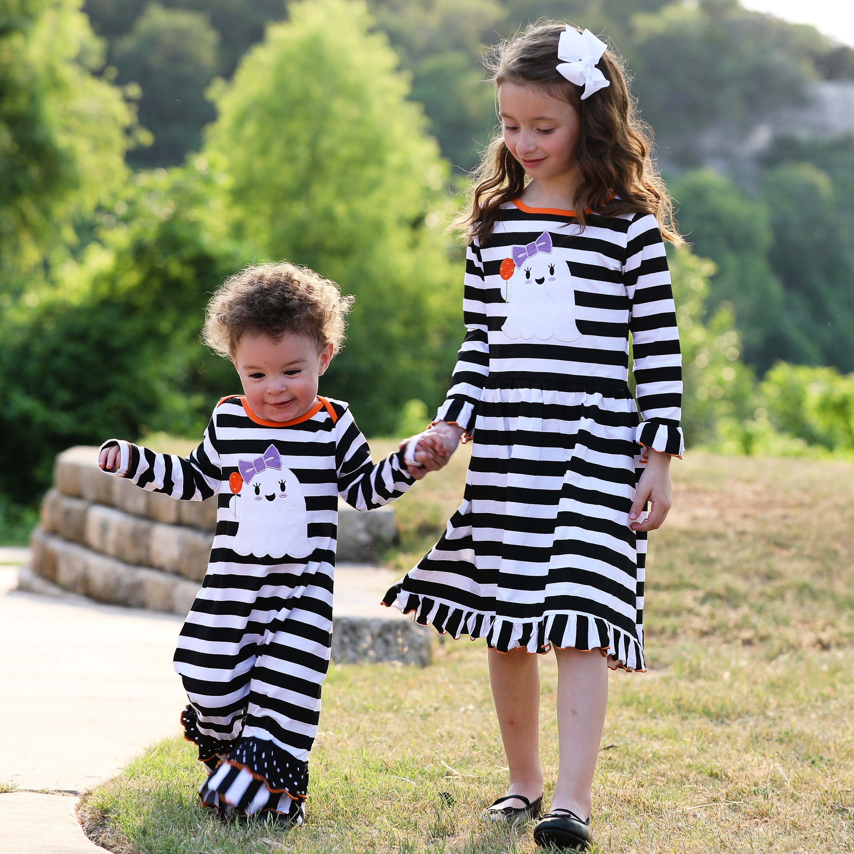 Baby Girls Friendly Ghost Halloween Striped Cotton Romper