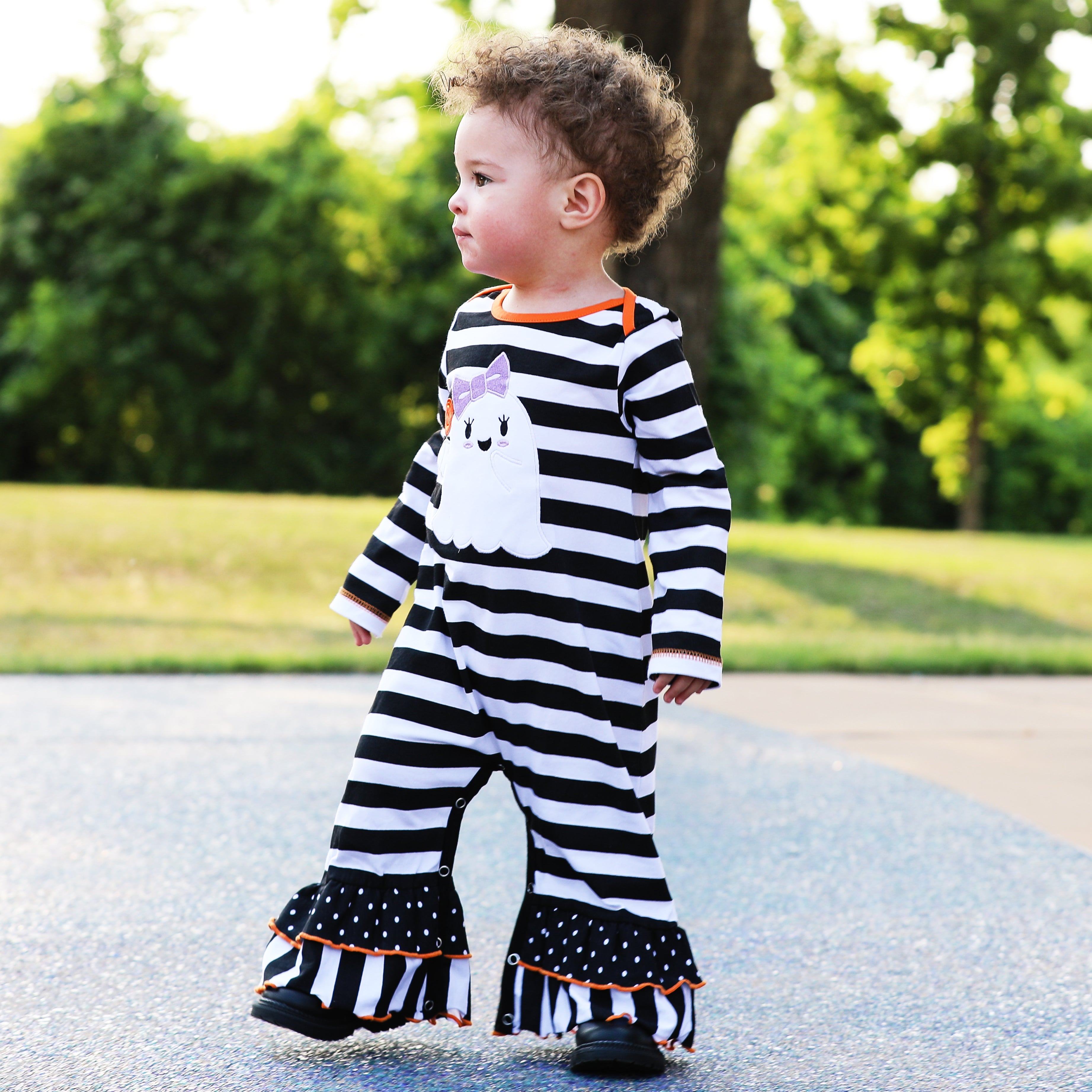 Baby Girls Friendly Ghost Halloween Striped Cotton Romper