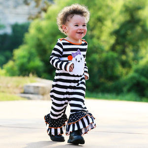 Baby Girls Friendly Ghost Halloween Striped Cotton Romper