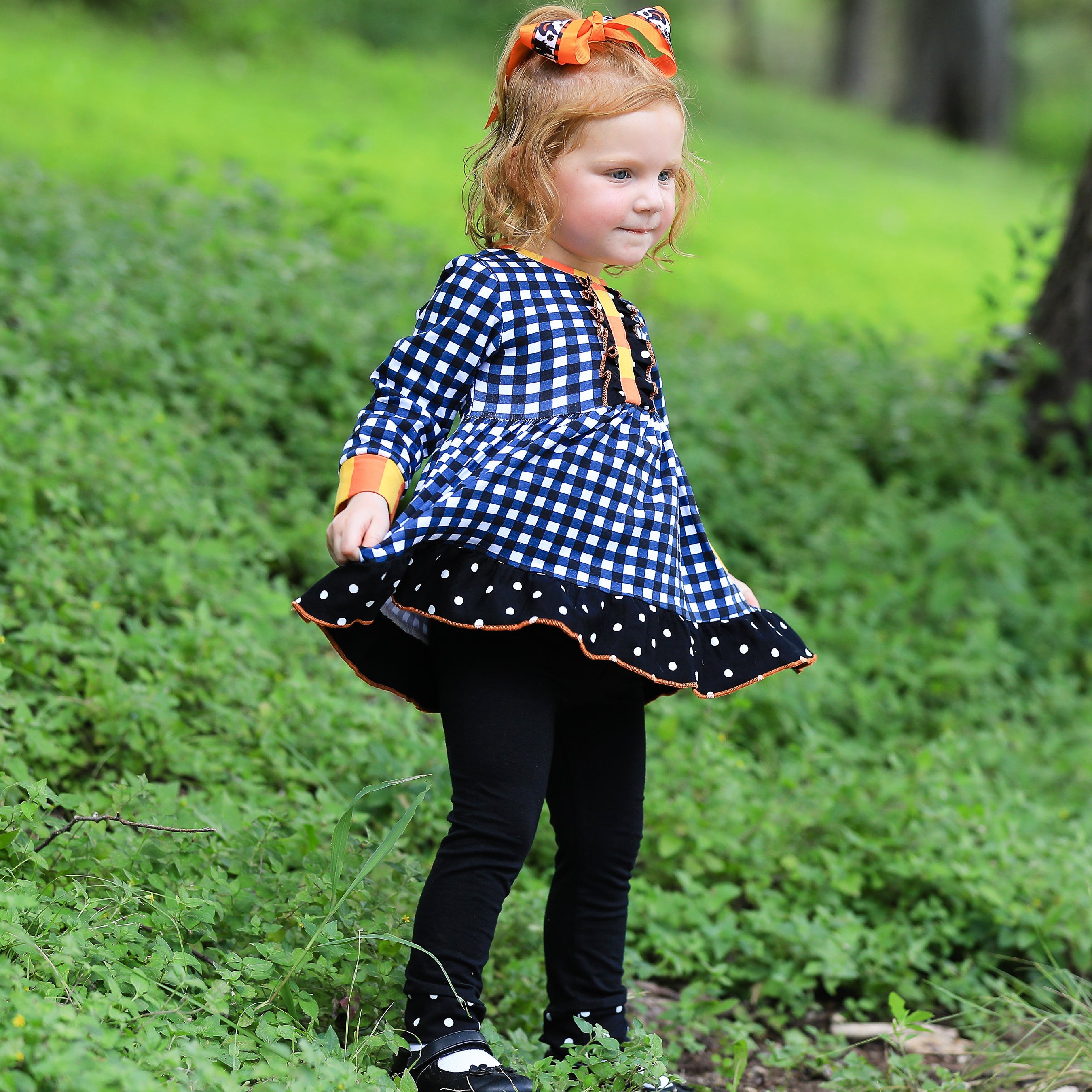 Girls Autumn Black and White Gingham Dress & Leggings Outfit