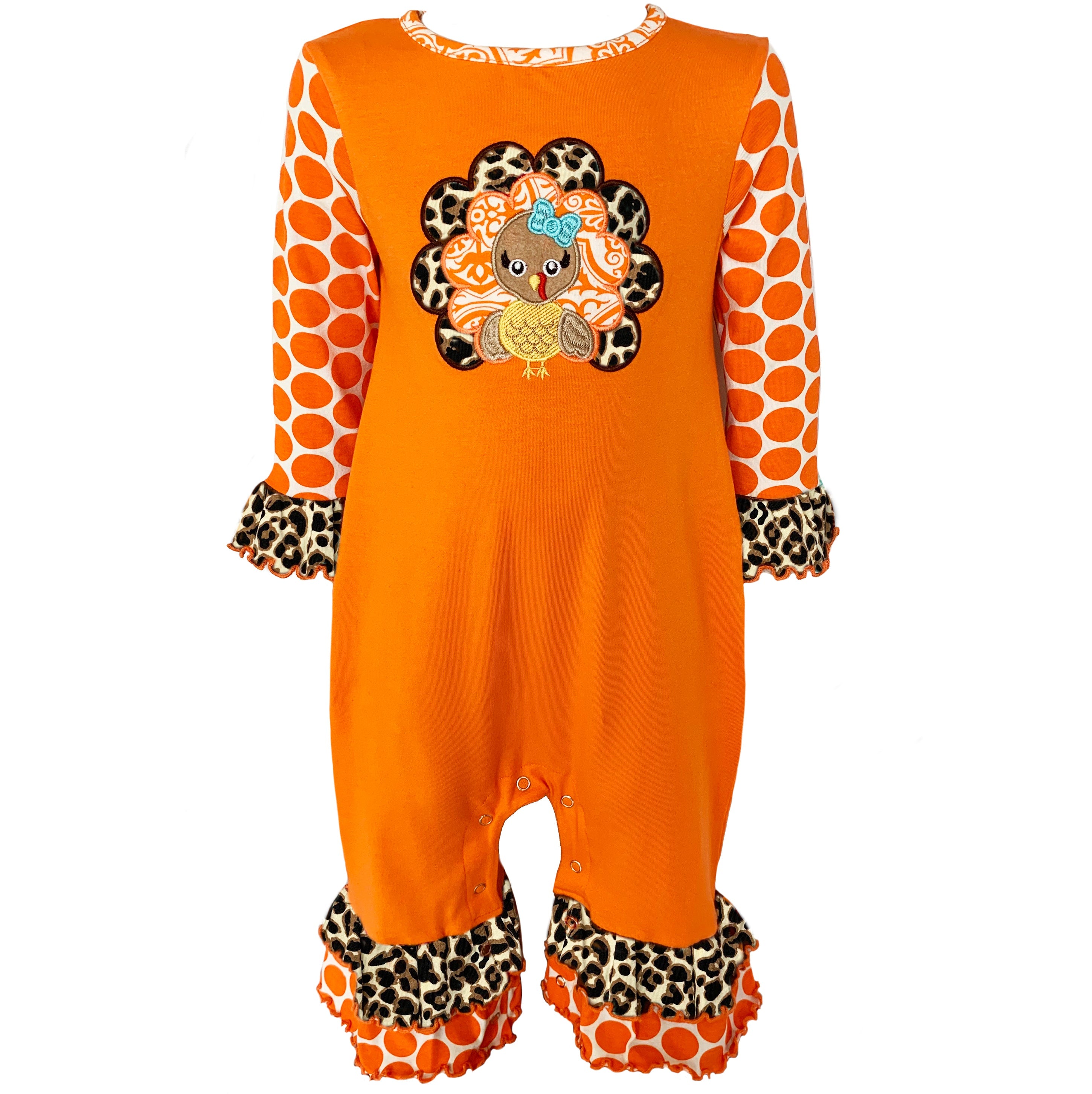 Baby Girls Orange Turkey Thanksgiving Autumn Holiday Cotton Romper