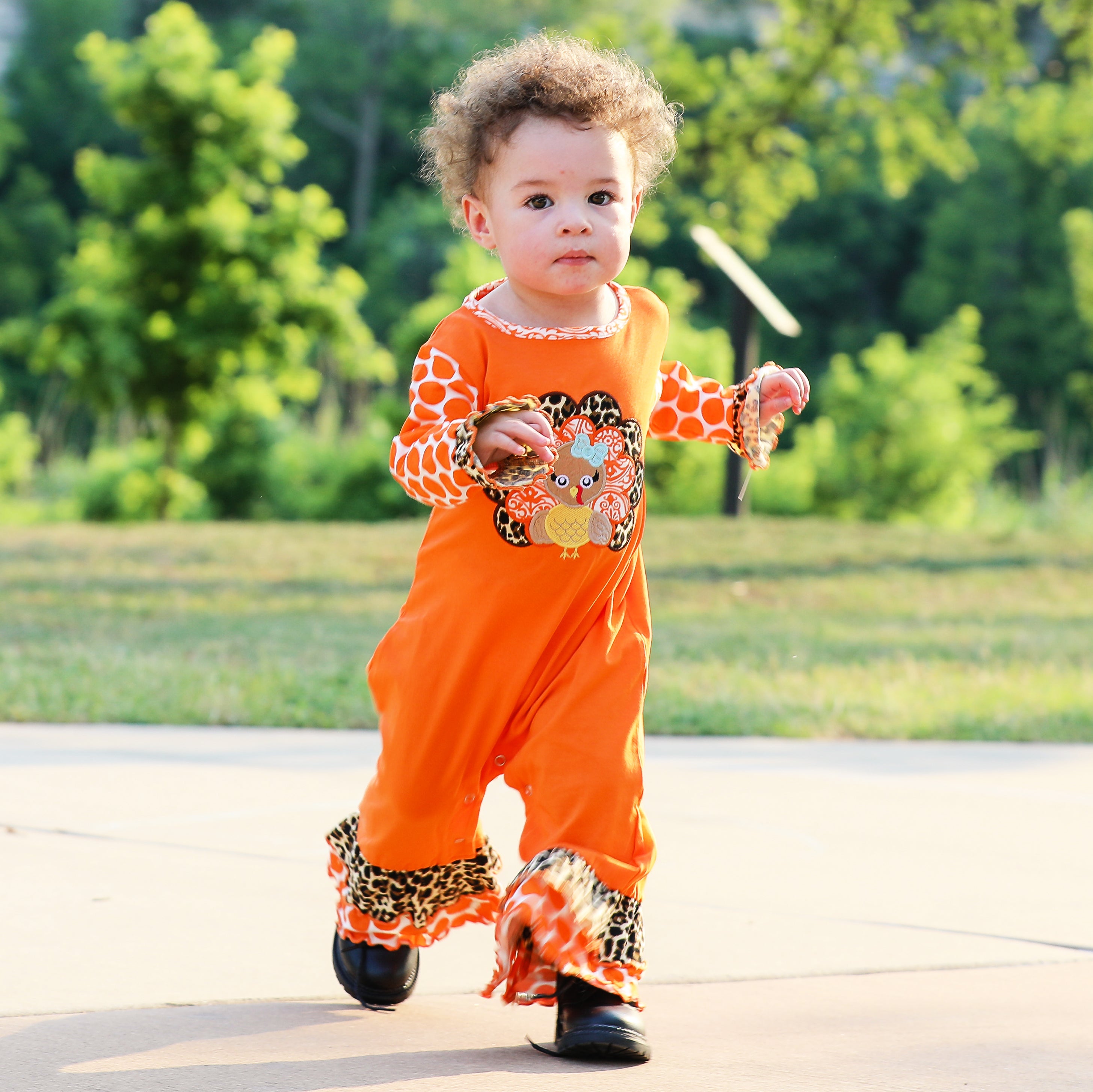 Baby Girls Orange Turkey Thanksgiving Autumn Holiday Cotton Romper