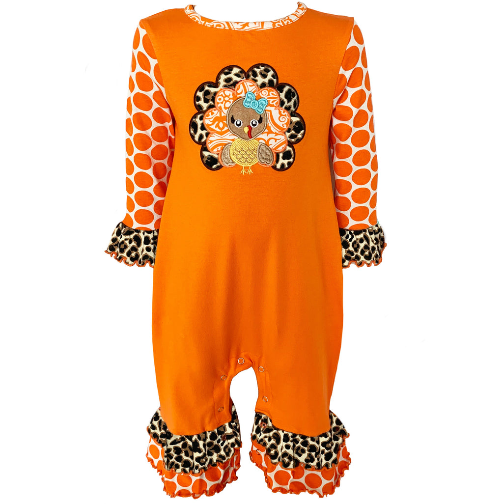 Baby Girls Orange Turkey Thanksgiving Autumn Holiday Cotton Romper - 99fab 