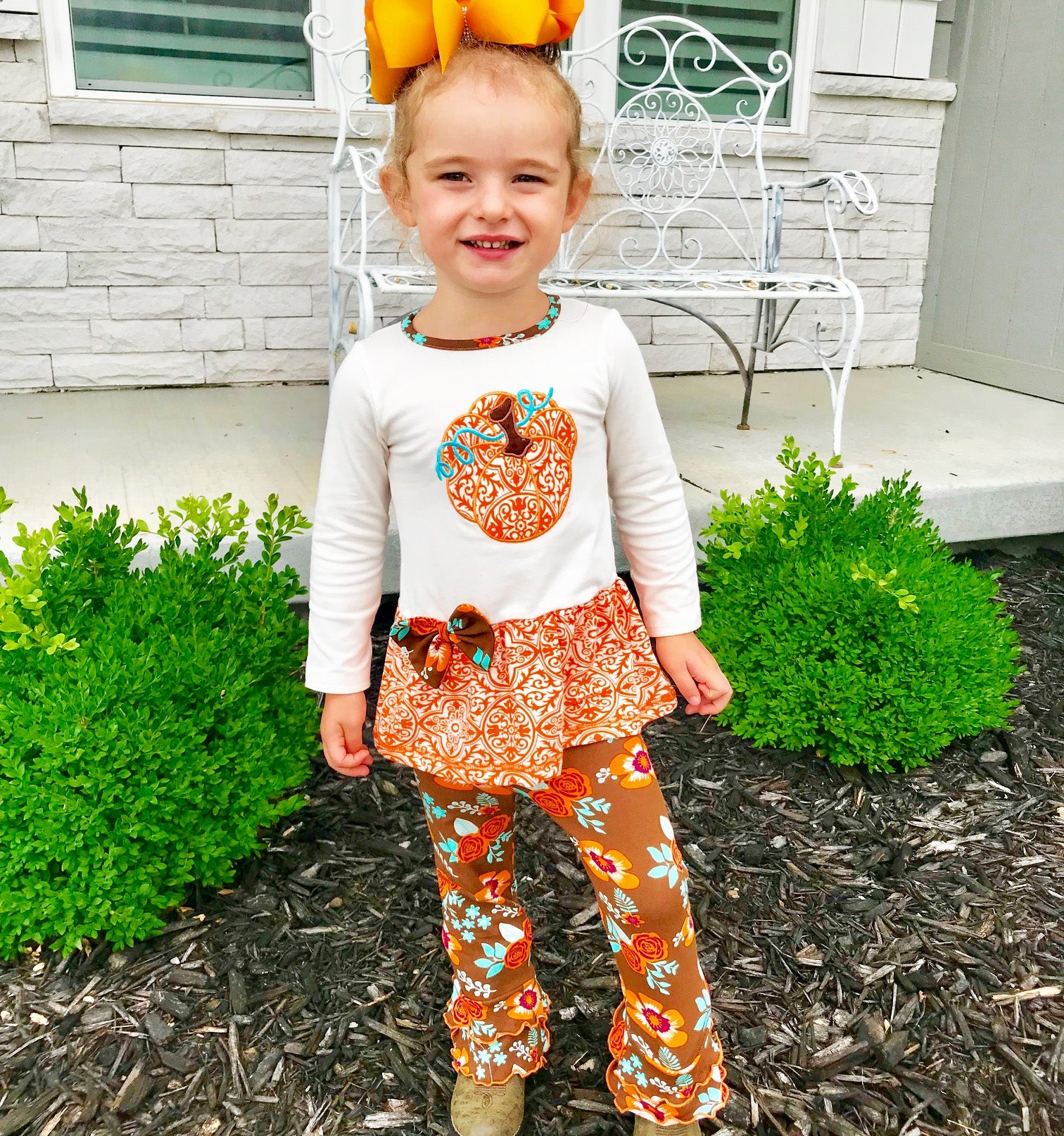 Girls Orange Pumpkin Autumn Floral Thanksgiving Tunic & Ruffle Pants Outfit