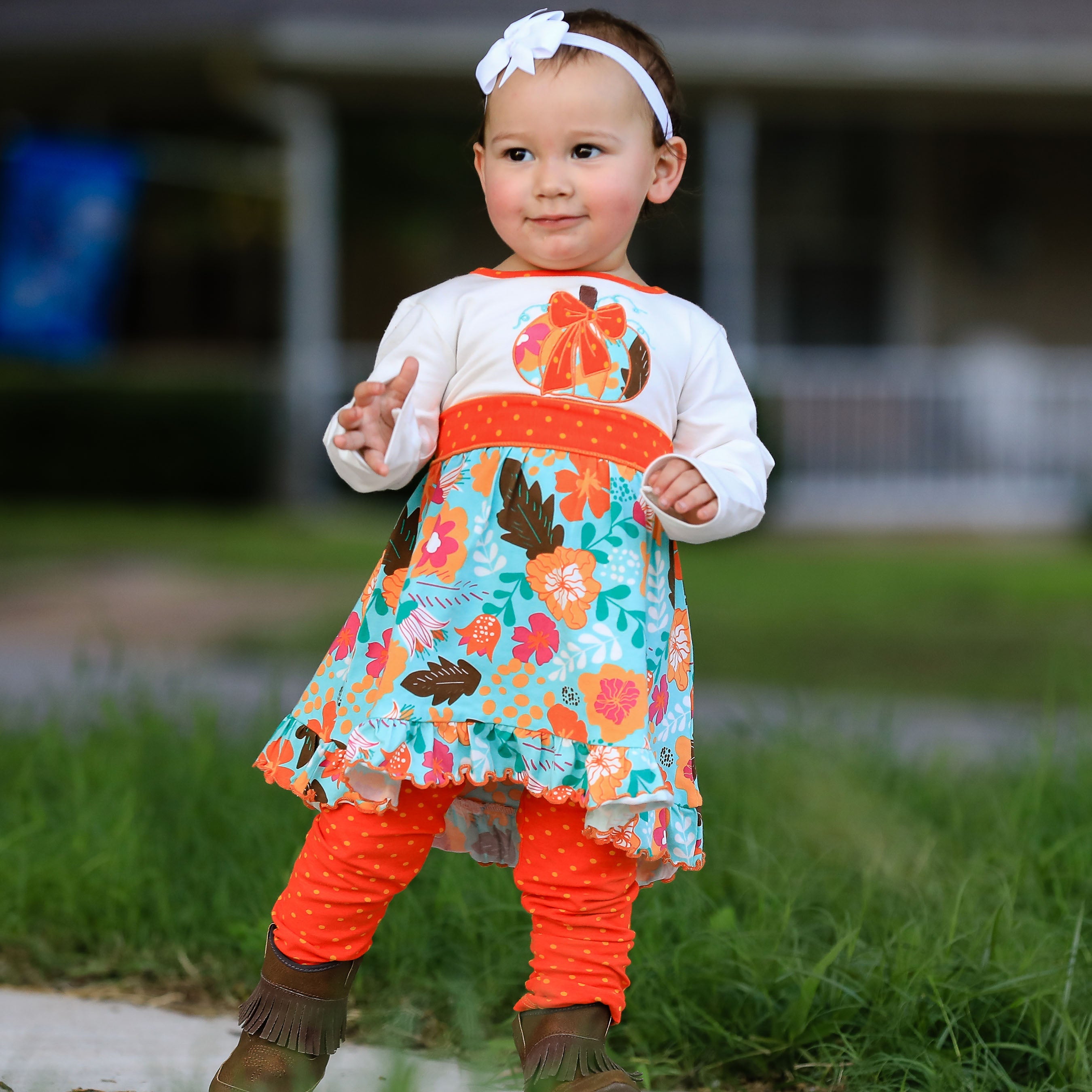 Little and Big Girls Vibrant Autumn Floral Pumpkin Thanksgiving Dress & Leggings