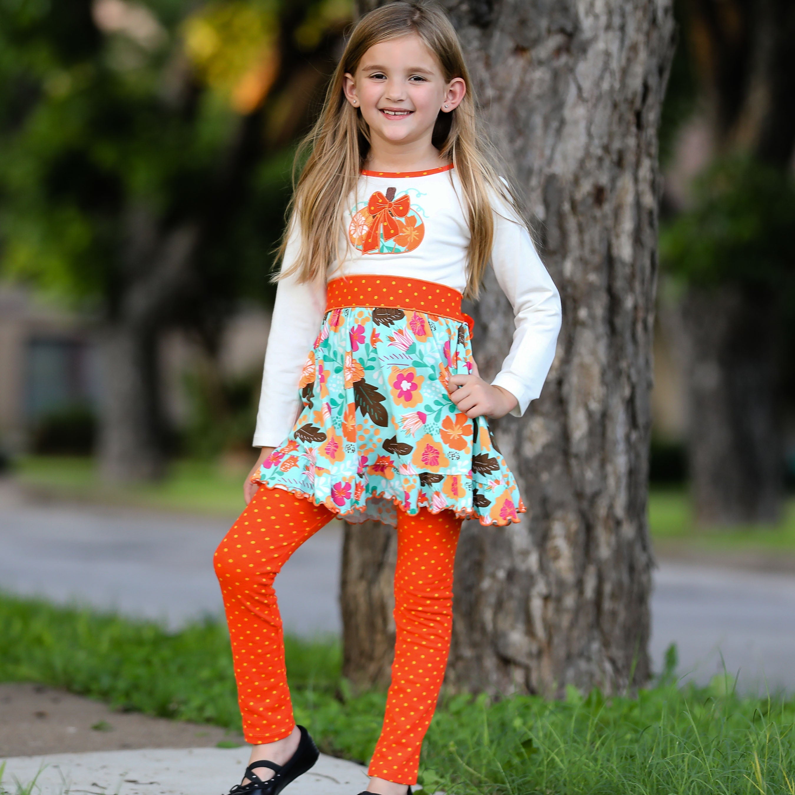 Little and Big Girls Vibrant Autumn Floral Pumpkin Thanksgiving Dress & Leggings