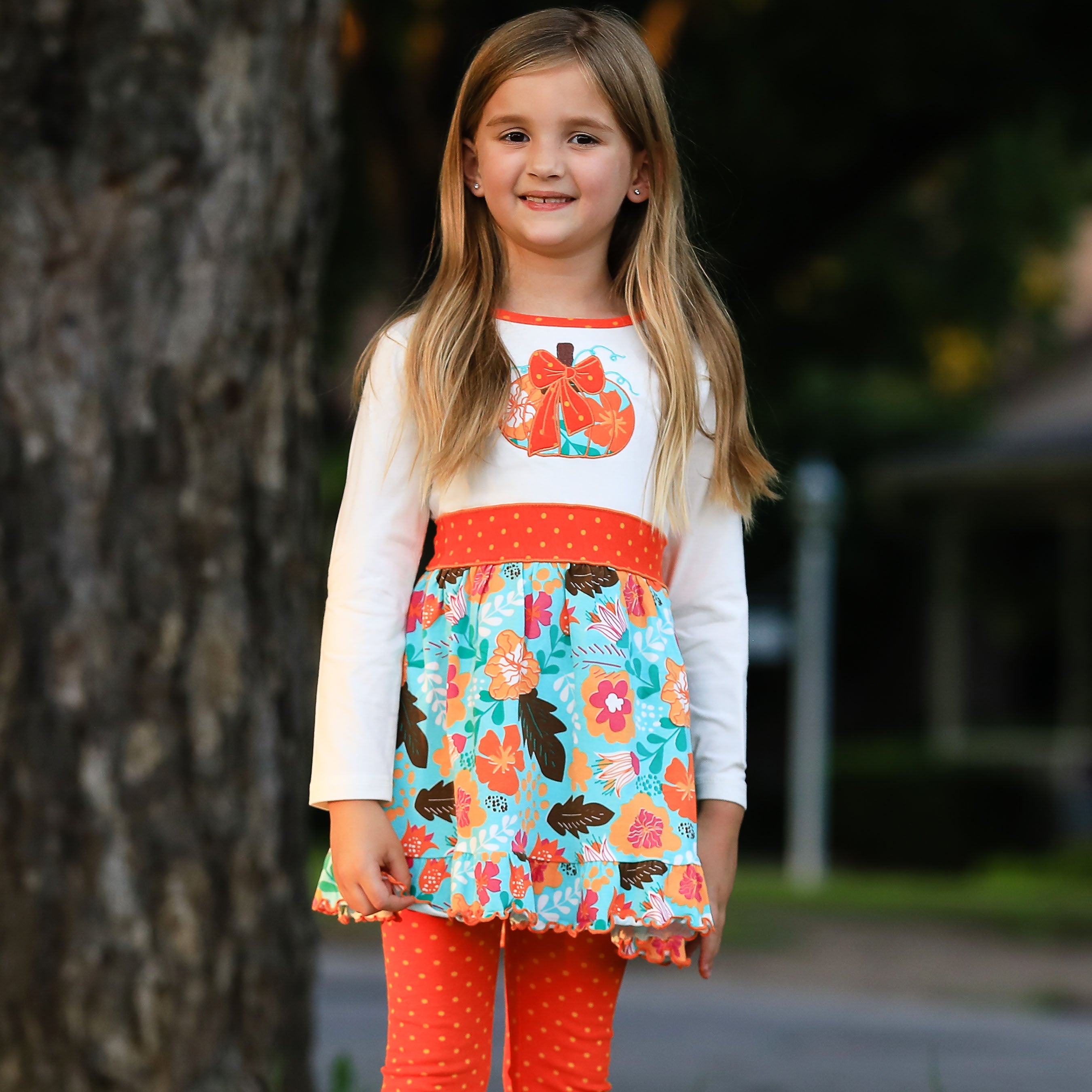 Little and Big Girls Vibrant Autumn Floral Pumpkin Thanksgiving Dress & Leggings