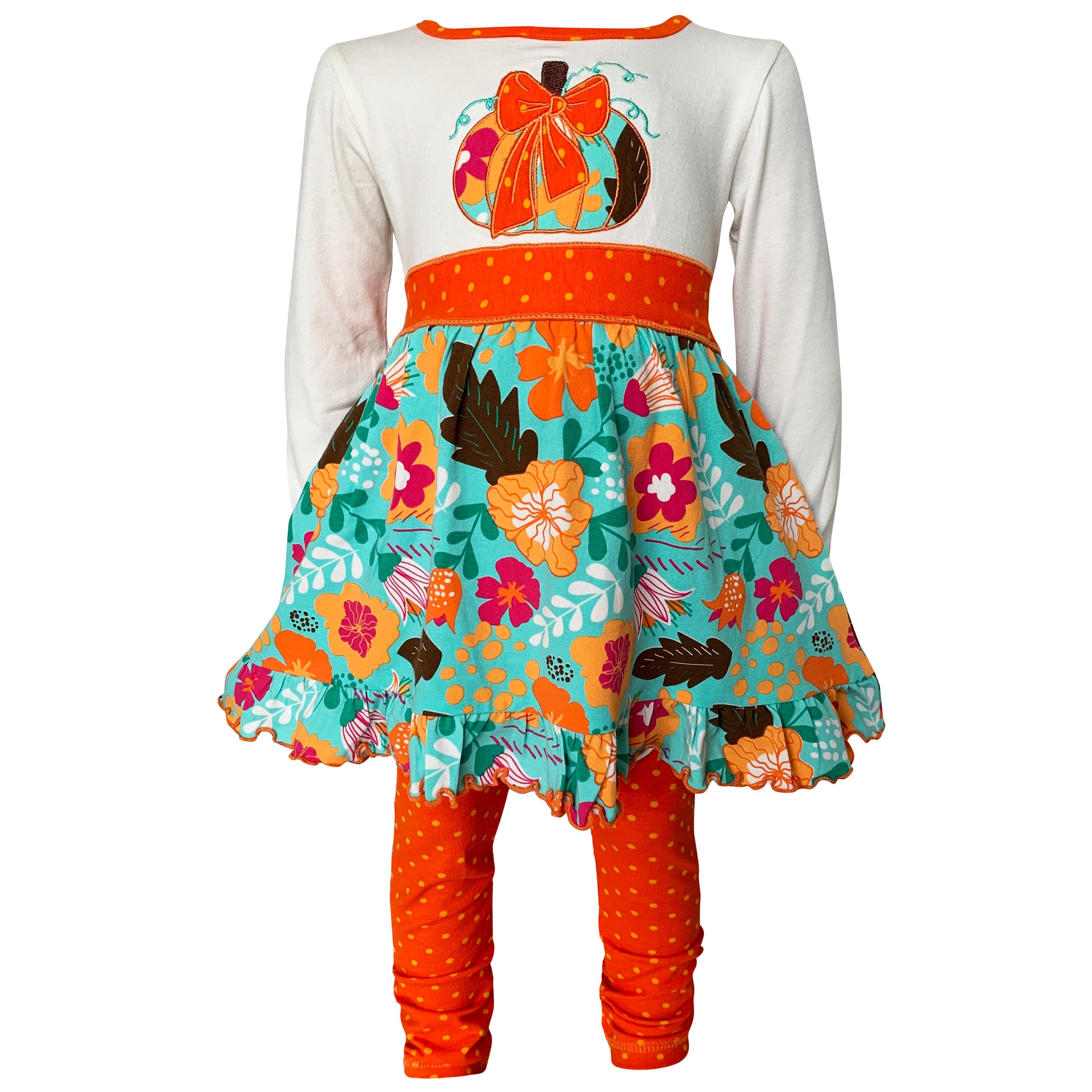 Little and Big Girls Vibrant Autumn Floral Pumpkin Thanksgiving Dress & Leggings