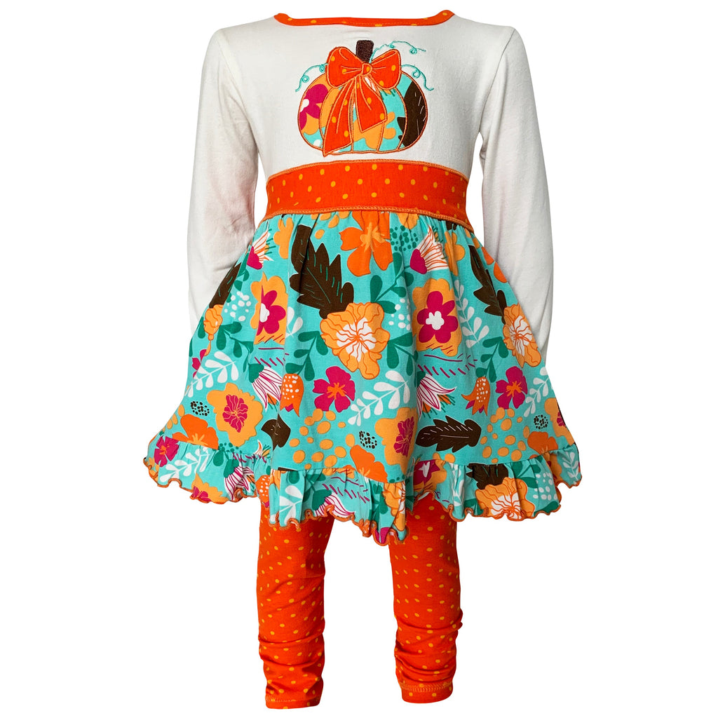 Little and Big Girls Vibrant Autumn Floral Pumpkin Thanksgiving Dress & Leggings - 99fab 