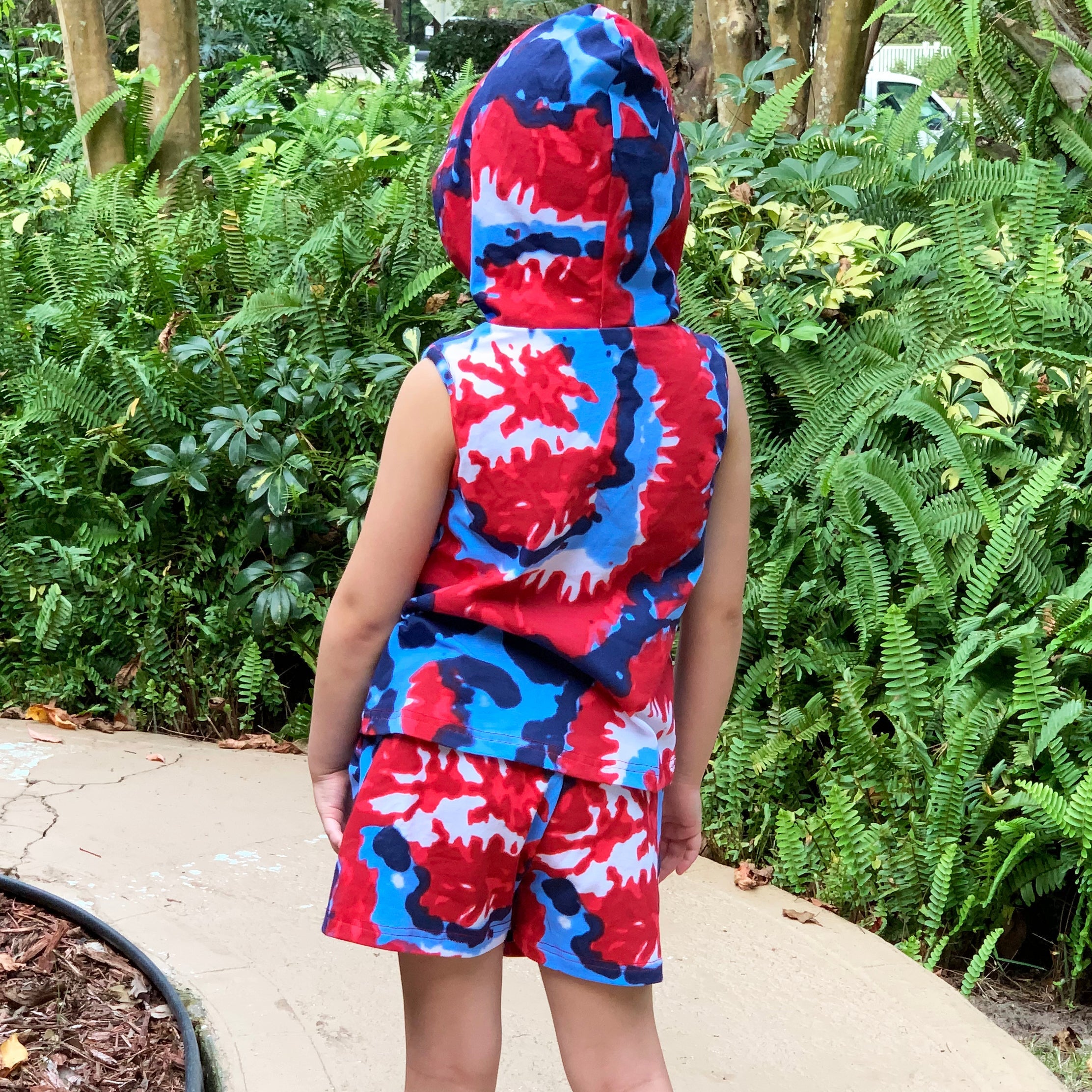 Girls Red White & Blue Tie Dye Hoodie Tank and Shorts Set 4th of July