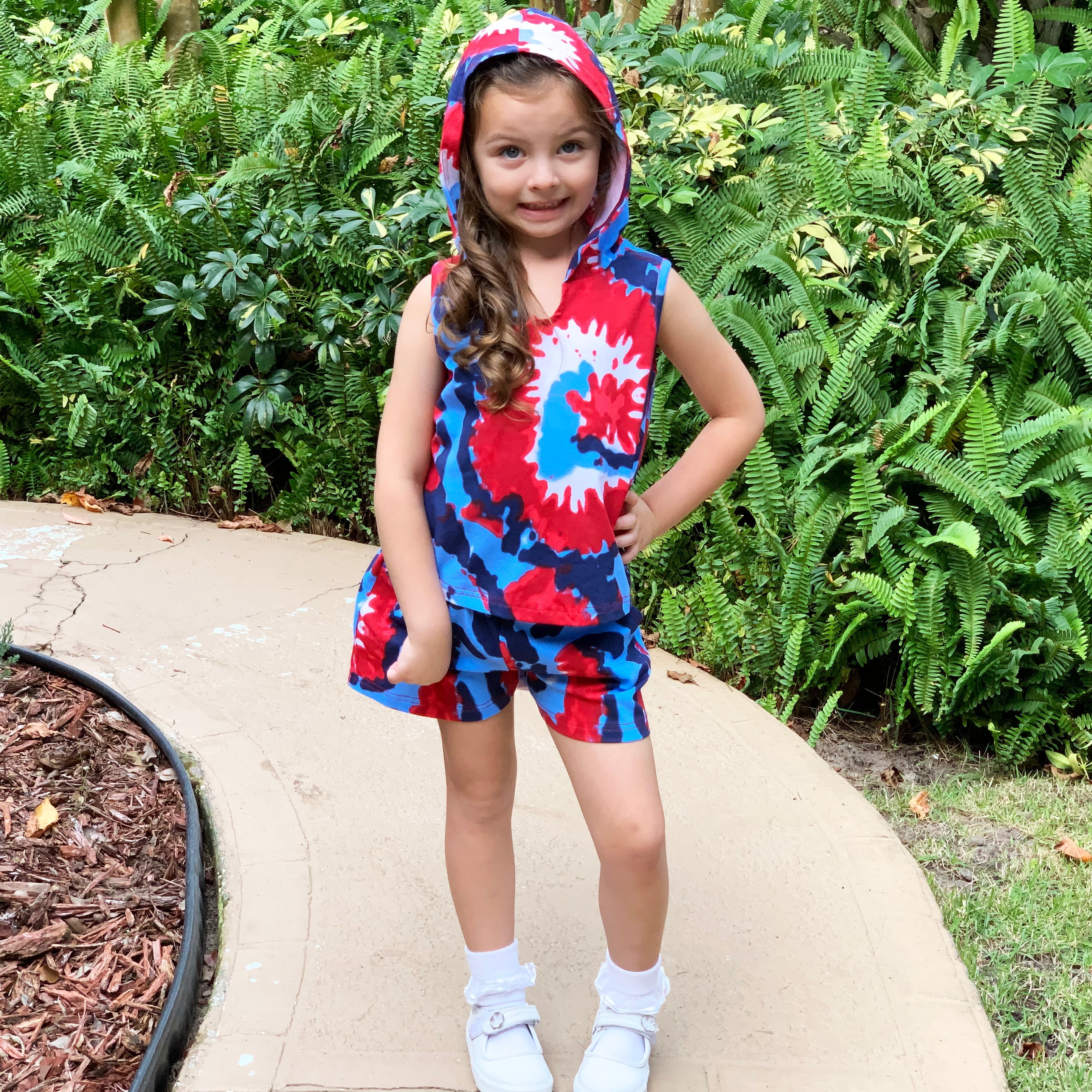 Girls Red White & Blue Tie Dye Hoodie Tank and Shorts Set 4th of July