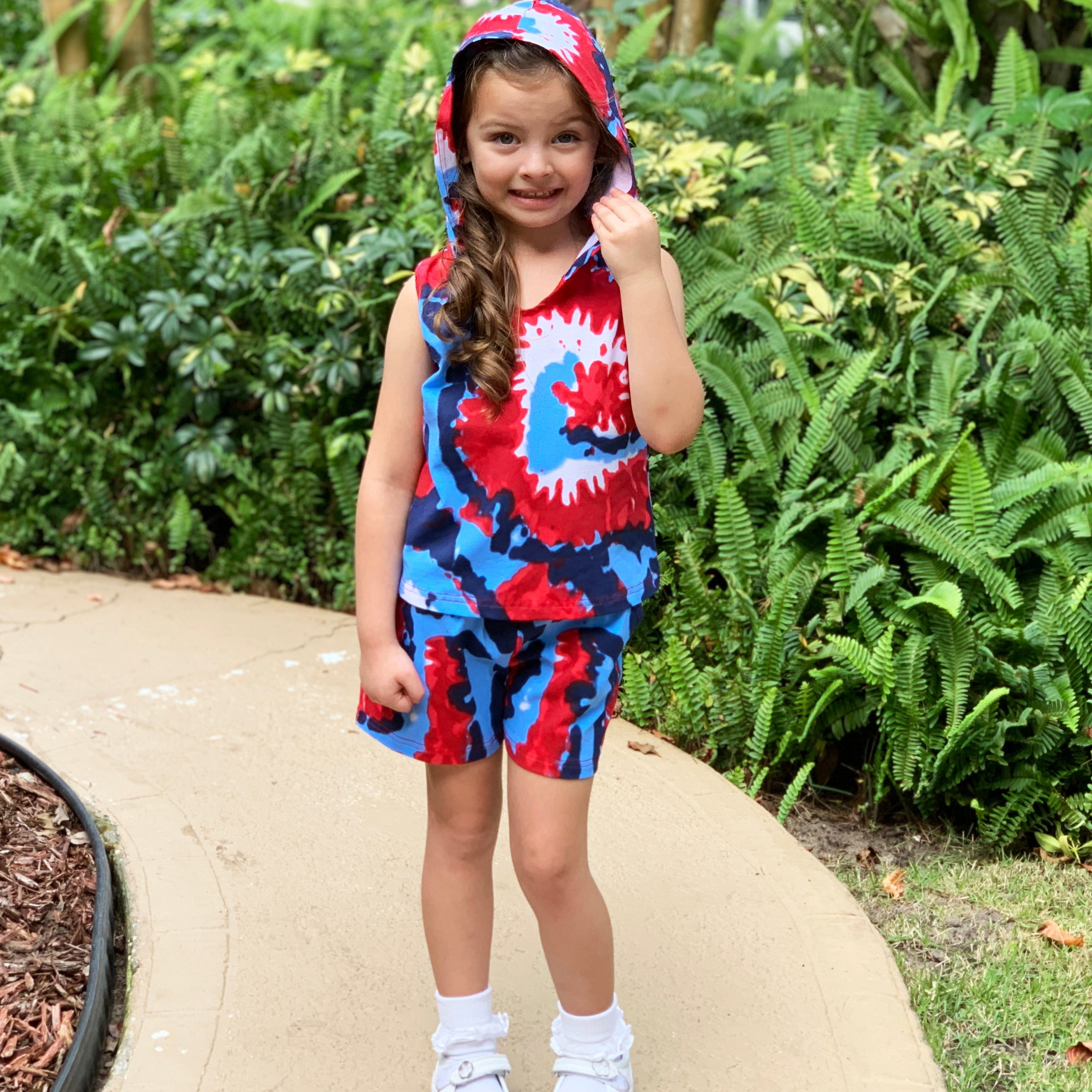 Girls Red White & Blue Tie Dye Hoodie Tank and Shorts Set 4th of July