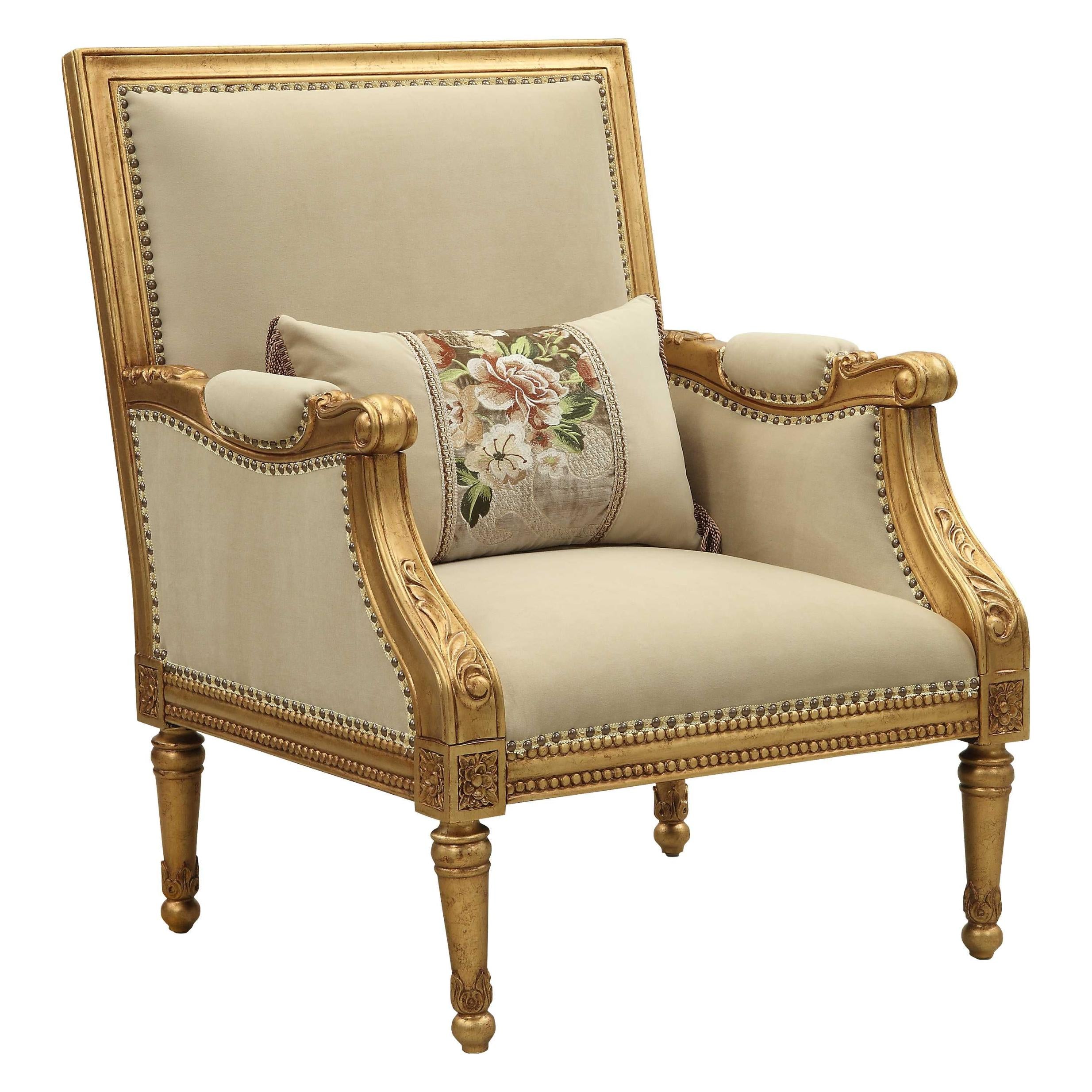 33" X 32" X 41" Fabric Antique Gold Upholstery Wood Leg-Trim Accent Chair &amp; Pillow