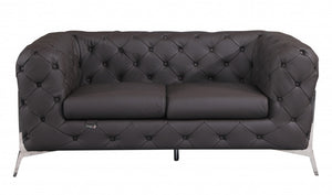 69" Dark Brown Tufted Italian Leather and Chrome Love Seat