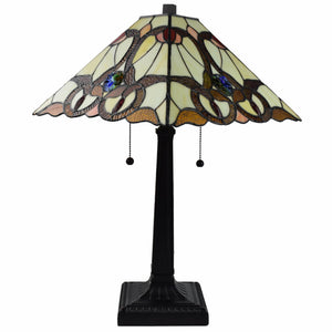 23" Cream Red and Blue Stained Glass Handcrafted Jeweled Two Light Mission Style Table Lamp