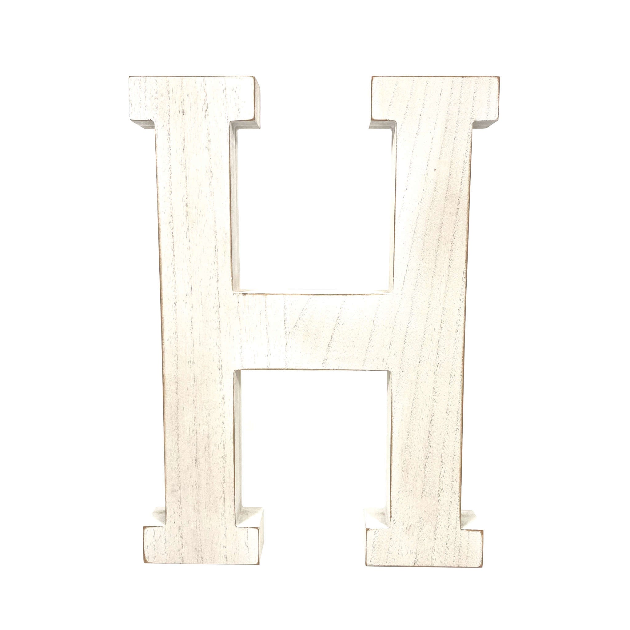 16" Distressed White Wash Wooden Initial Letter H Sculpture