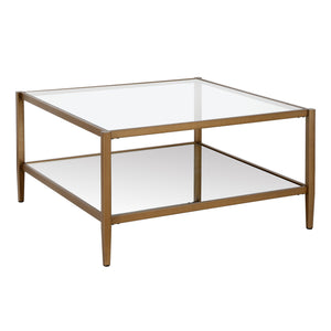 32" Gold Glass Square Coffee Table With Shelf