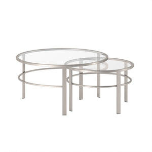 Set Of Two 36" Silver Glass Round Nested Coffee Tables