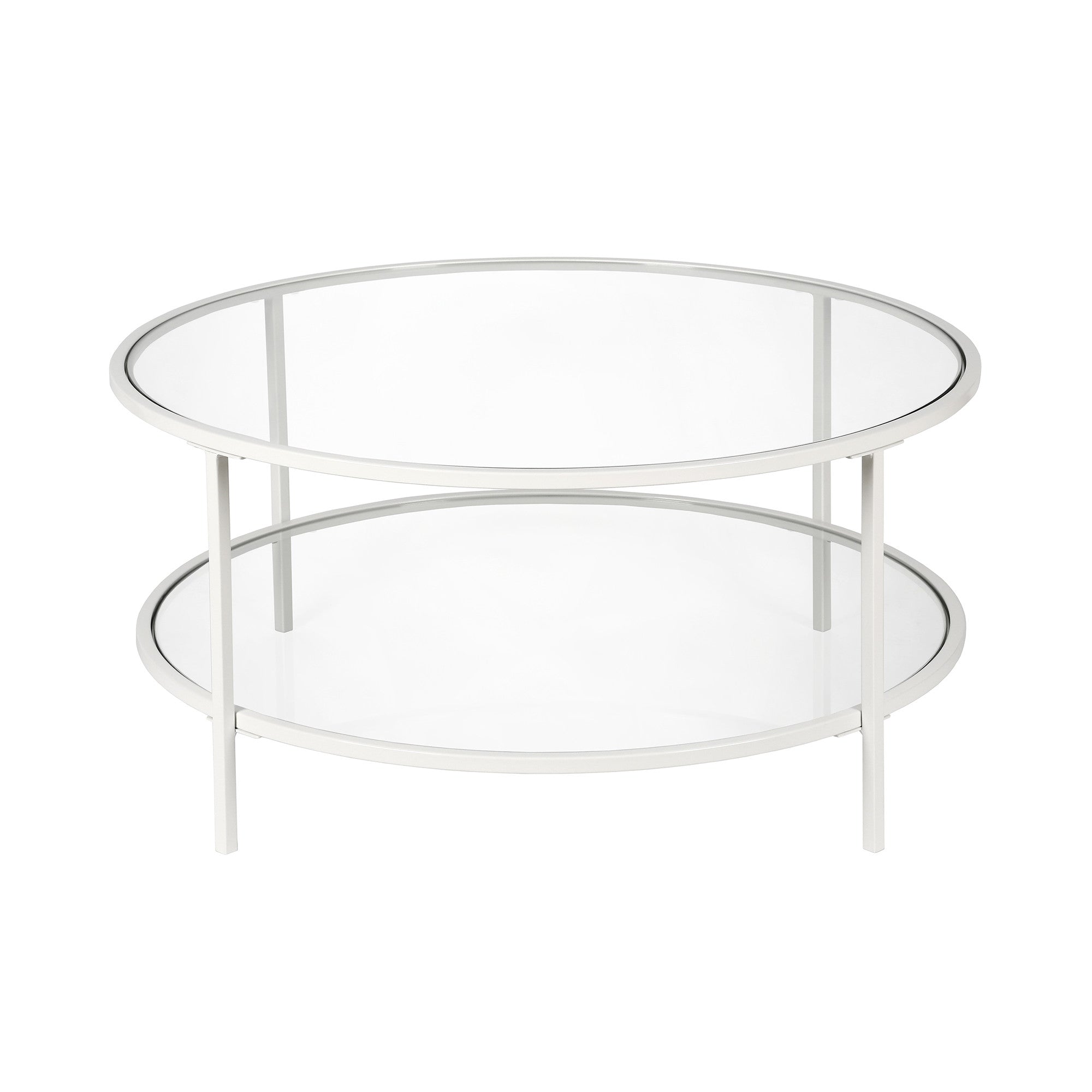 36" White Glass Round Coffee Table With Shelf