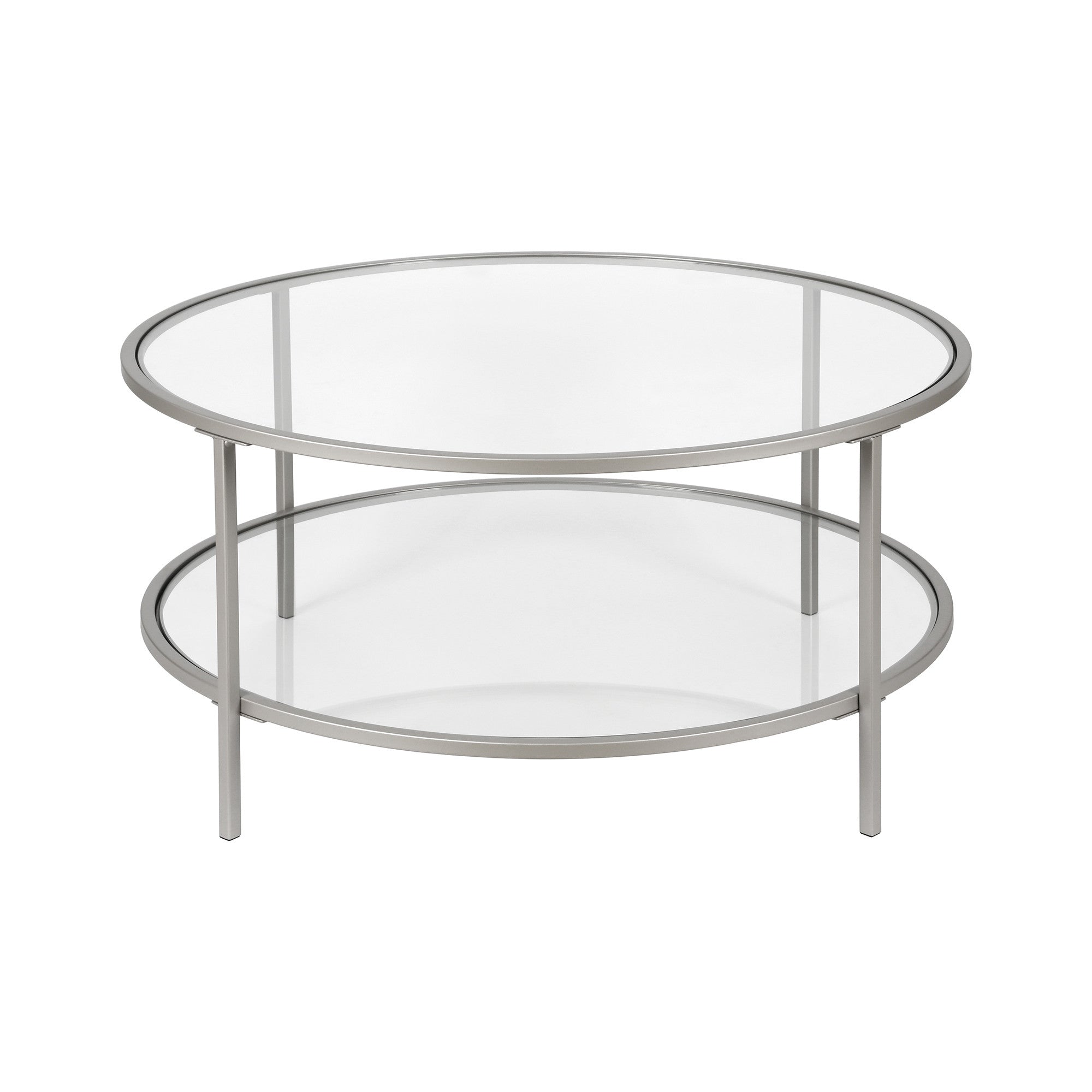 36" Silver Glass Round Coffee Table With Shelf