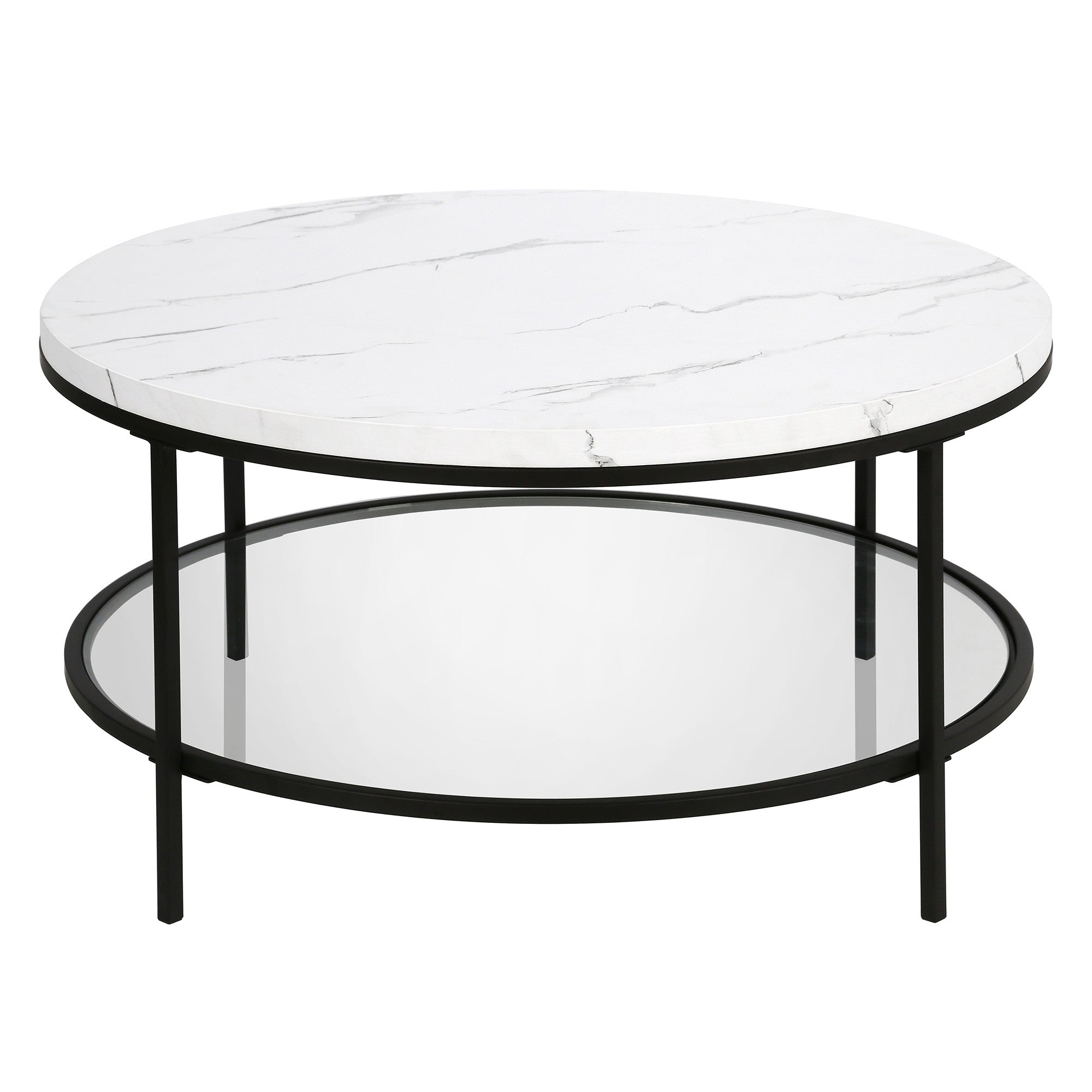 36" Black Faux Marble Round Coffee Table With Shelf